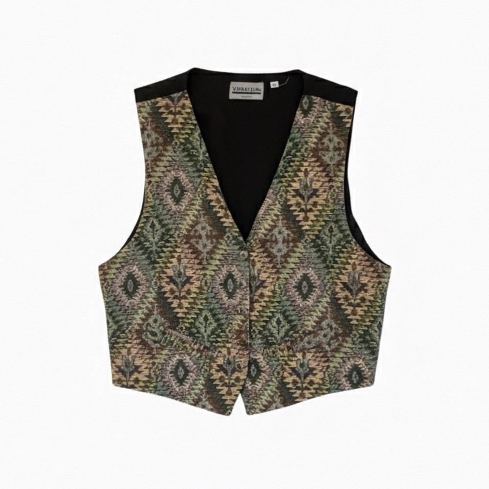 Vintage 90s Tapestry Vest Southwestern Geometric Woven Waistcoat L XL